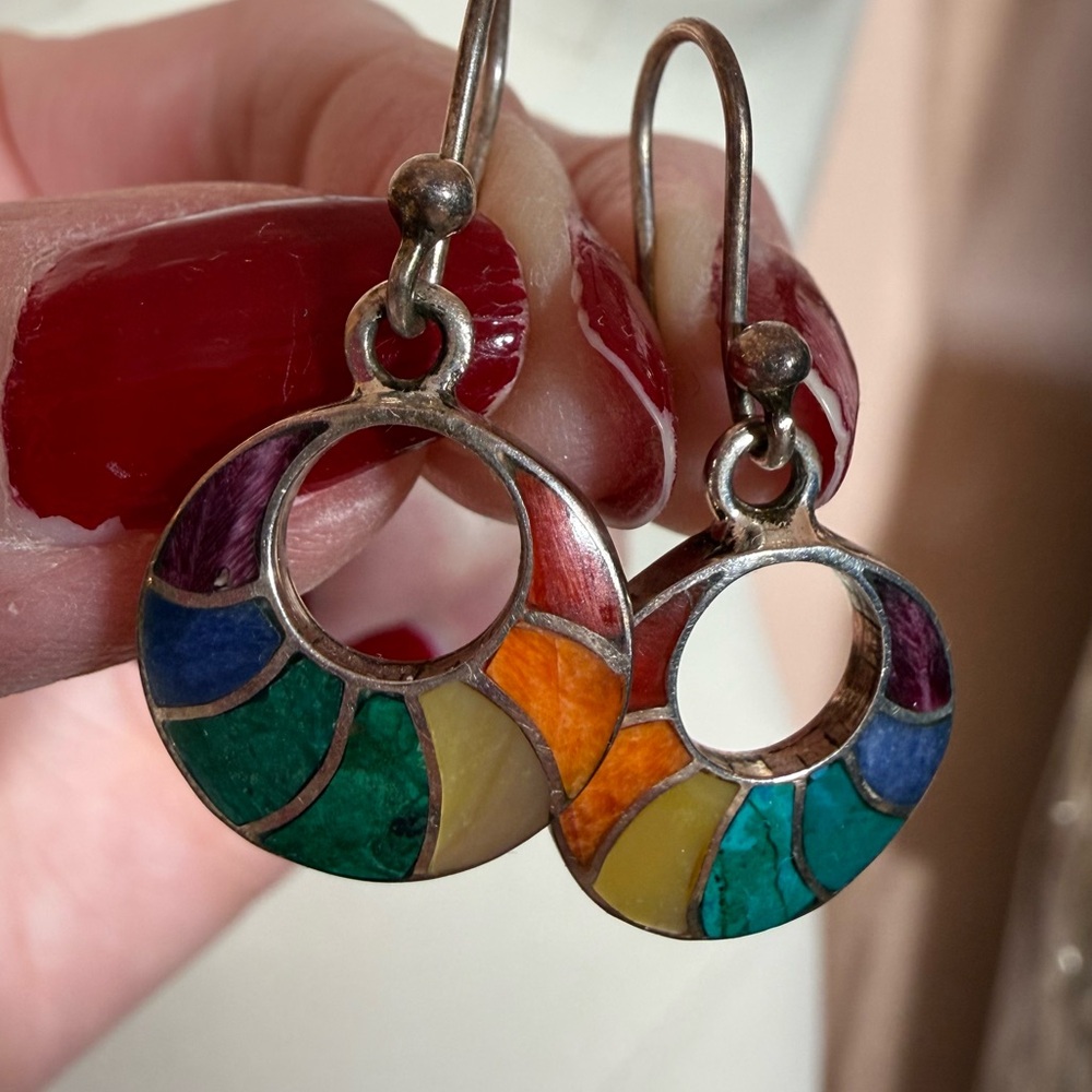 Vintage Native American Zuni 950 silver rainbow stone inlay dangle earrings